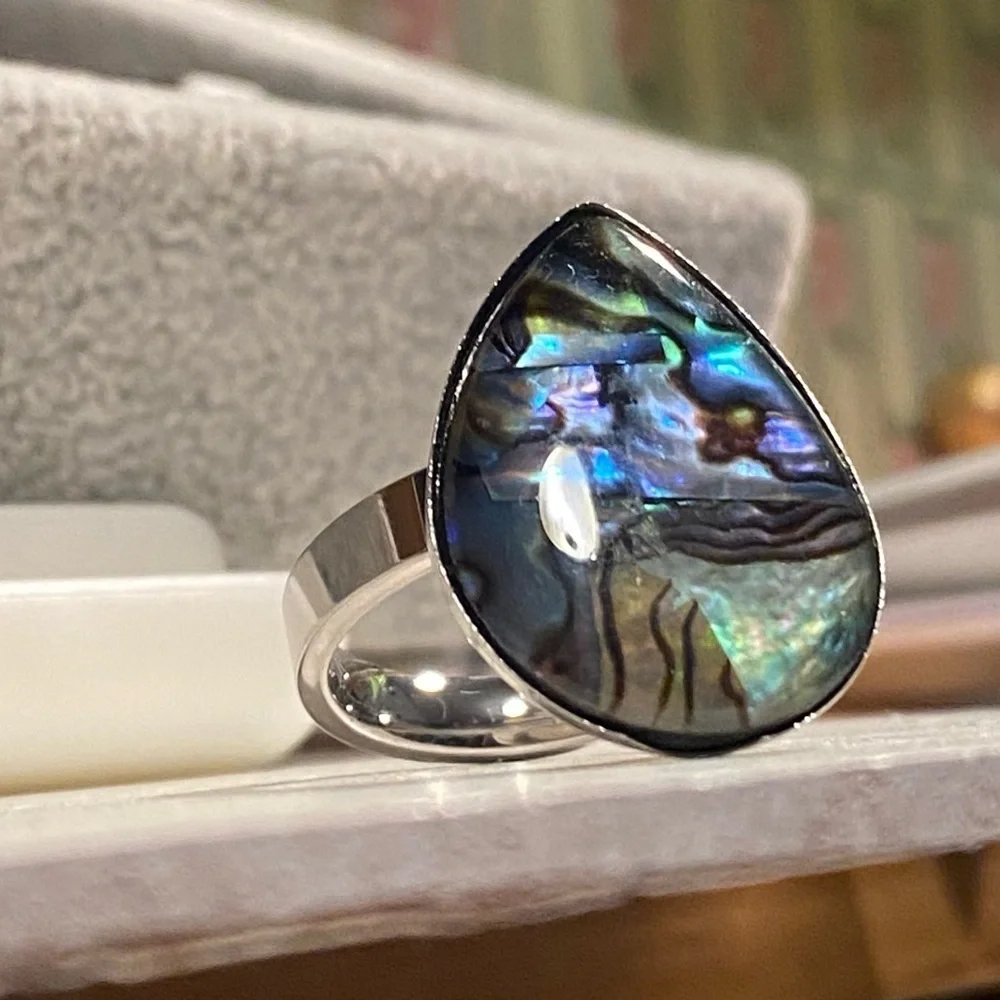 NEW Oversized Abalone Statement Ring Silver Boho Iridescent Beach Jewelry waterp